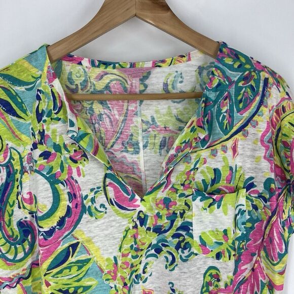 Lilly Pulitzer T Shirt Size Small Pink Green Knit Linen Casual Top Print Beachy - Picture 2 of 9